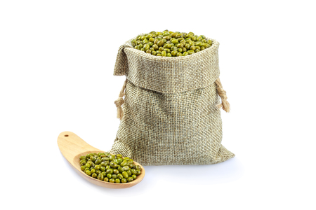 Mungbean in the sack  isolated on white backgroundの写真素材