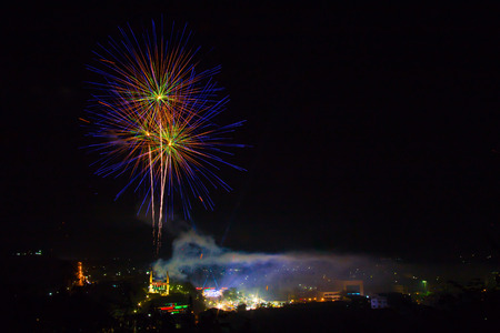 blue and red circular strike fireworks at center point, Khao Kan park, Pak Chong, Thailandのeditorial素材