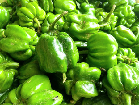 Green bell peppers in the market. Close-up. Background.の写真素材