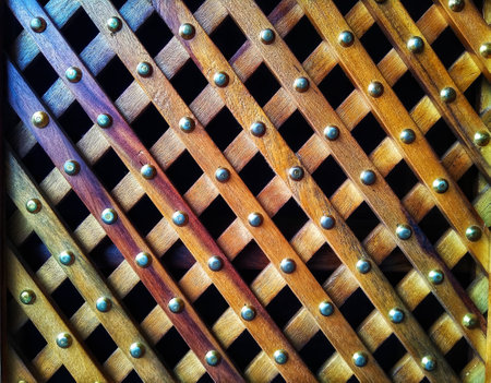 wooden texture background with rivets, closeup of photo.の写真素材