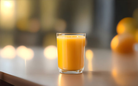 Glass of fresh orange juice on table in cafe. Space for textの素材