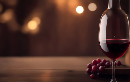 Glass of red wine and grapes on wooden table against blurred background.の素材