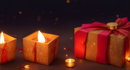 Burning candles with gift box on dark background, 3d illustrationの素材
