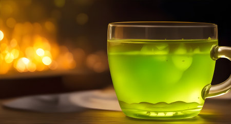 Green tea in a glass cup on a wooden table against the background of a burning fireplace.の素材