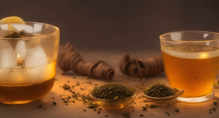 Aromatic tea in glass cups and teapot on wooden tableの素材