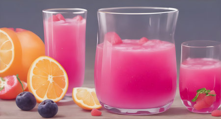 Fruit smoothies in glasses with fresh fruits on a wooden tableの素材