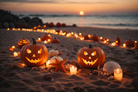 Halloween pumpkins on the beach with candles and shells at sunsetの素材