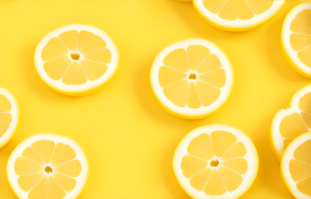 Slices of lemon on yellow background, top view. Space for textの素材
