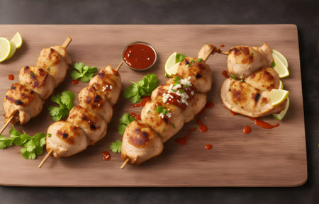 Grilled chicken skewers with sauce on wooden board, closeupの素材