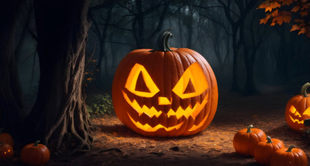 Halloween pumpkin in the forest, 3d render. Halloween backgroundの素材