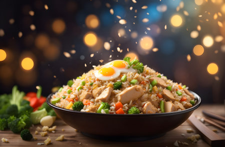 Fried rice with chicken, vegetables and egg in a bowl.の素材