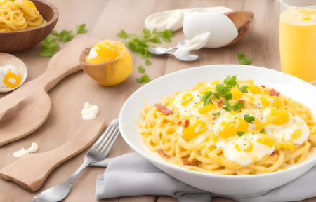 Spaghetti Carbonara with bacon, eggs and parsley on wooden backgroundの素材