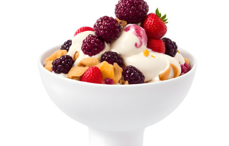 ice cream with berries in a bowl isolated on a white background.の素材