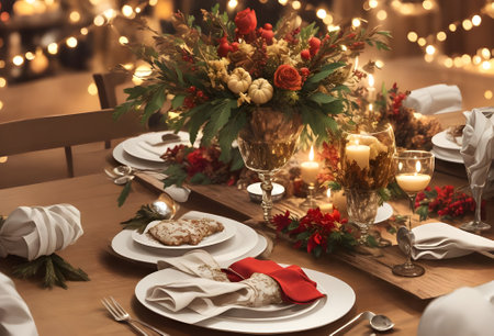Festive table setting for Christmas and New Year dinner in the restaurantの素材