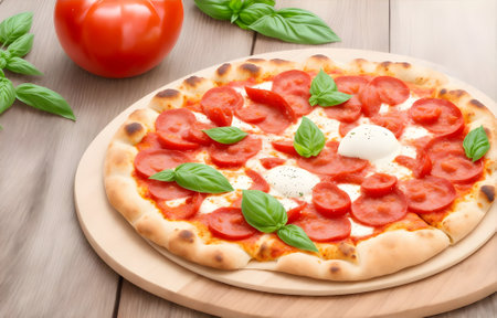 Pizza with mozzarella, tomato and basil on wooden backgroundの素材