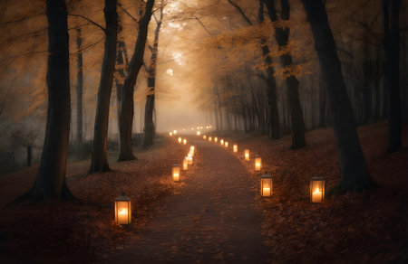 Foggy autumn alley with lanterns in the park at nightの素材
