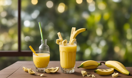 Banana smoothie in glass and fresh fruits on wooden table with bokeh backgroundの素材