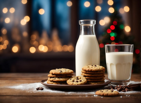 Milk and cookies on a wooden table in front of a Christmas treeの素材