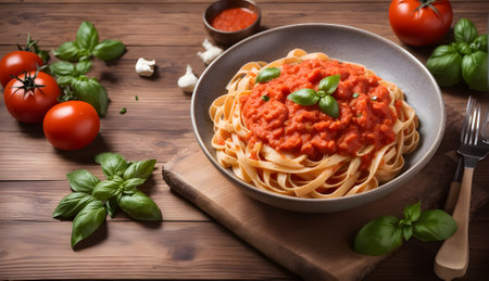 Spaghetti bolognese with tomato sauce and basil on wooden backgroundの素材