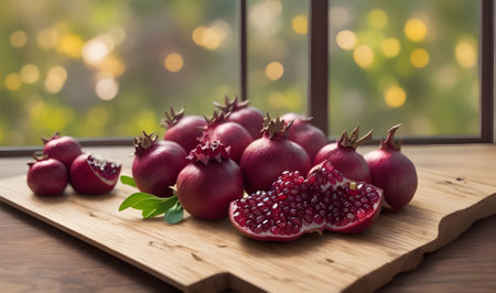 Ripe pomegranates on a wooden table in the sunlightの素材