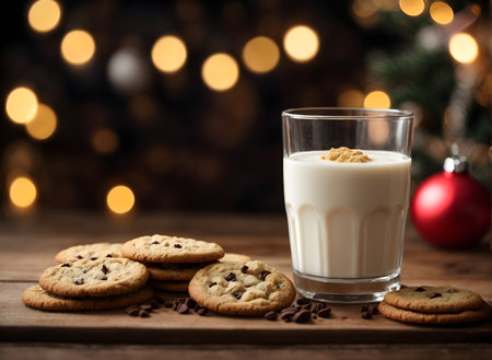 Glass of milk with chocolate chip cookies on wooden table with blurred lights on backgroundの素材