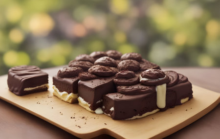 Chocolate mini cakes on wooden plate with bokeh background.の素材