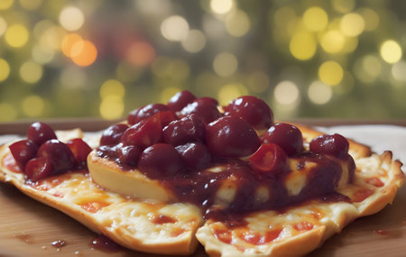 Cherry cheese pancakes with cherry sauce on a plate with bokeh backgroundの素材