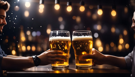 Shot of man and woman clinking glasses with beer at barの素材