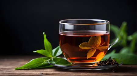 Glass cup of tea with green leaves and cinnamon on wooden table.の素材