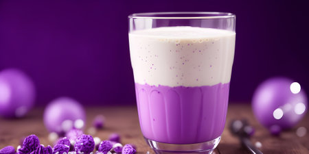 Eggnog smoothie in glass with purple decoration on wooden background.の素材