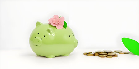 Piggy bank and coins on white background with copy space.の素材