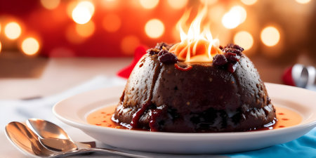 Panna cotta with chocolate and raspberry sauce on christmas backgroundの素材