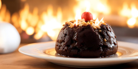 Chocolate lava cake with a burning candle in front of a fireplaceの素材