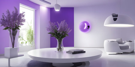 Interior of modern living room with purple walls, concrete floor, white armchair and round coffee table. 3d renderingの素材