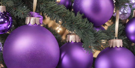 Purple Christmas ornaments hanging on a Christmas tree. 3d renderingの素材