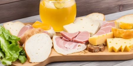 Slices of cheese, ham, salami, bread and orange juiceの素材