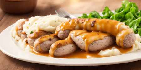 Sausages with mashed potatoes and salad on a wooden table.の素材