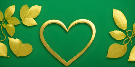 Golden heart with green leaves on green background. 3D rendering.の素材