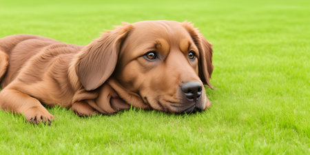 Adorable dachshund puppy lying on the grass in the parkの素材
