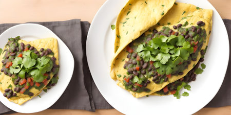 Top view of omelette with black beans and cilantro.の素材