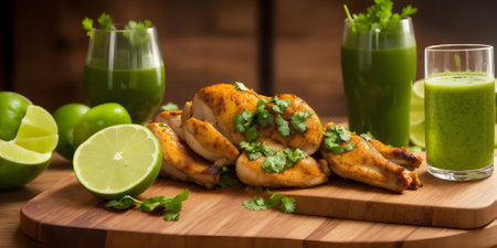 Fried chicken wings with lime and green vegetable juices on wooden backgroundの素材