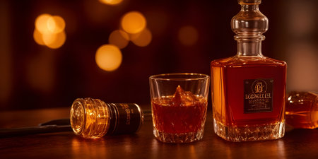 whiskey bottle and glasses on wooden table in pub or restaurantの素材