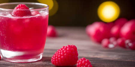 Raspberry juice with fresh raspberries on a wooden table.の素材