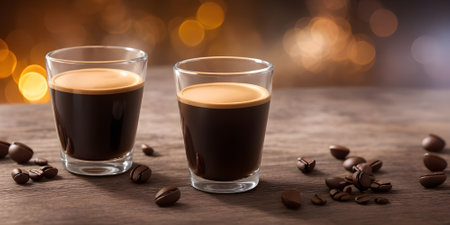 Two glasses of coffee on a wooden table with coffee beans and bokeh backgroundの素材