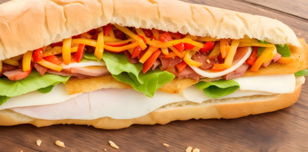 Close up of hot dog with ham, cheese and vegetables on wooden backgroundの素材