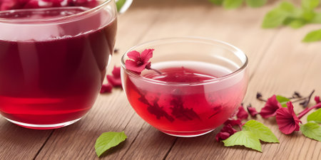 Hibiscus tea in a glass on a wooden background.の素材