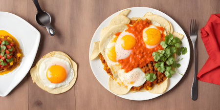 Fried eggs with chili sauce and tortilla chips on wooden tableの素材