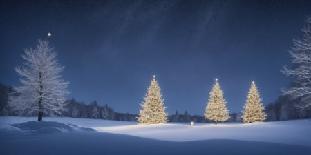 Night winter landscape with fir trees and snowdrifts. Panoramaの素材