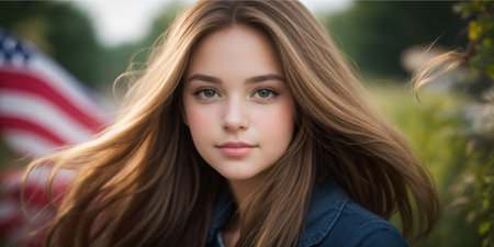 Portrait of a beautiful young woman with long brown hair. American flag in the background.の素材