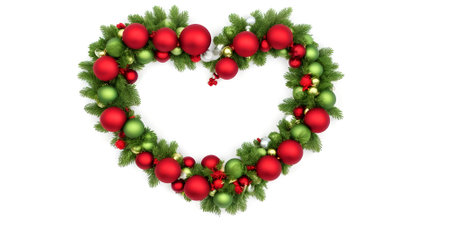 Christmas wreath with red and green baubles isolated on white backgroundの素材